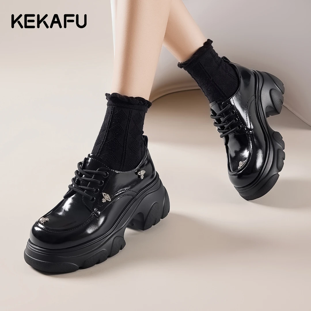 珂卡芙英伦风真皮水钻系带小皮鞋女圆头百搭厚底增高配裙子乐福鞋