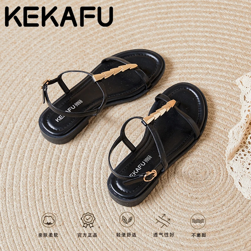 珂卡芙复古金属链条小众设计夹趾沙滩鞋2025年夏季新款罗马凉鞋女