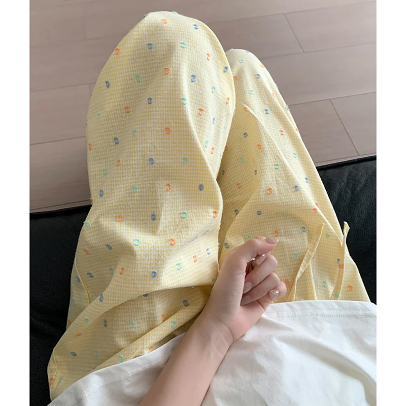 奶黄色格纹肌理感彩色波点休闲裤子女夏季高腰显瘦垂感直筒阔腿裤