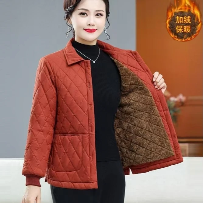 2024新款冬季妈妈装新款加绒棉服菱形格时尚洋气短款棉服小个子
