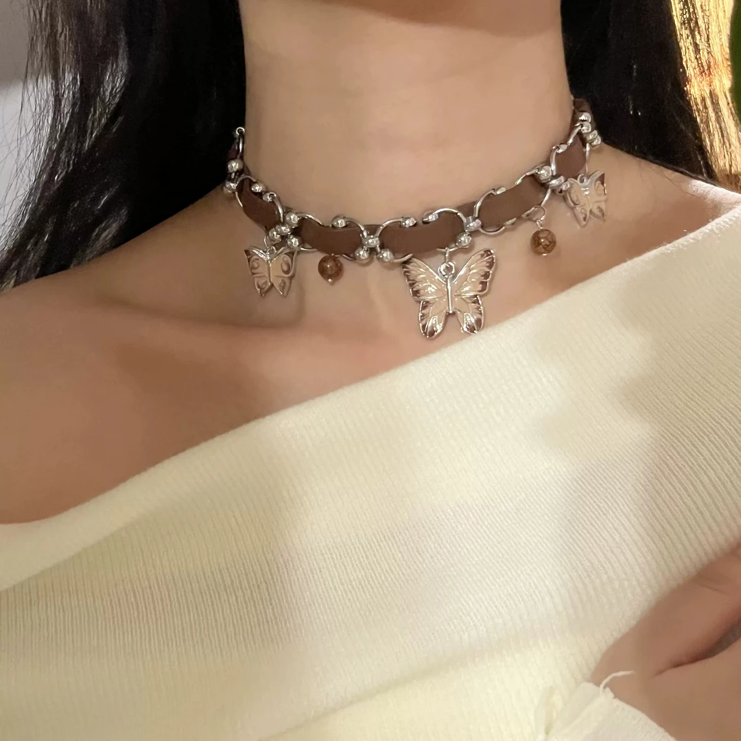 铜项链 原创美拉德棕色蝴蝶复古choker颈环小众高级感皮革项链女
