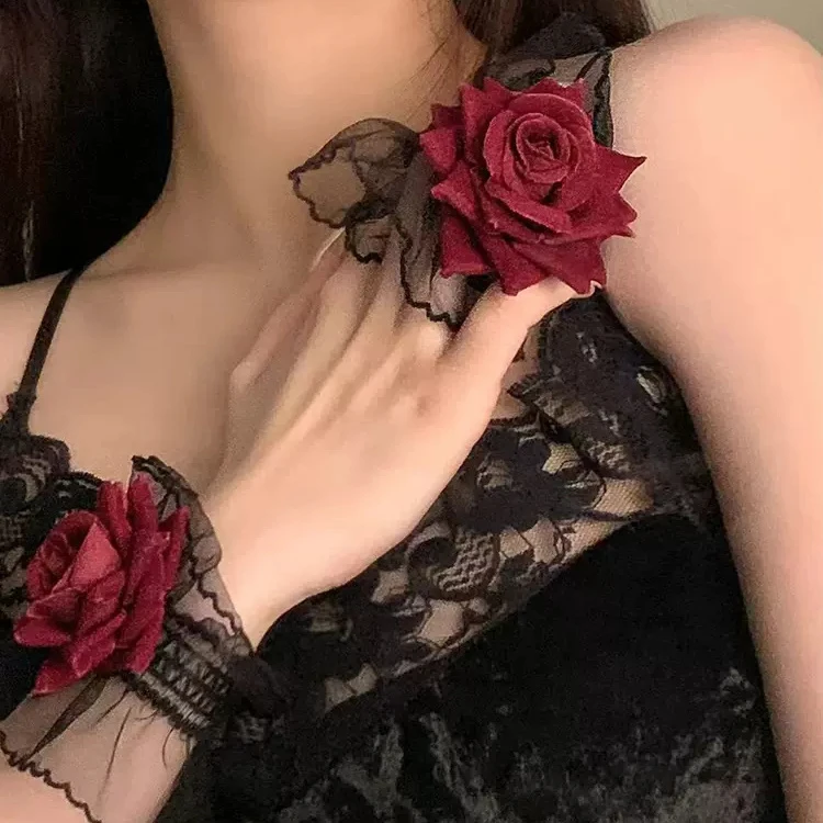 非金属布艺手链 暗黑系洛丽塔黑色蕾丝手链女酒红色玫瑰花手链