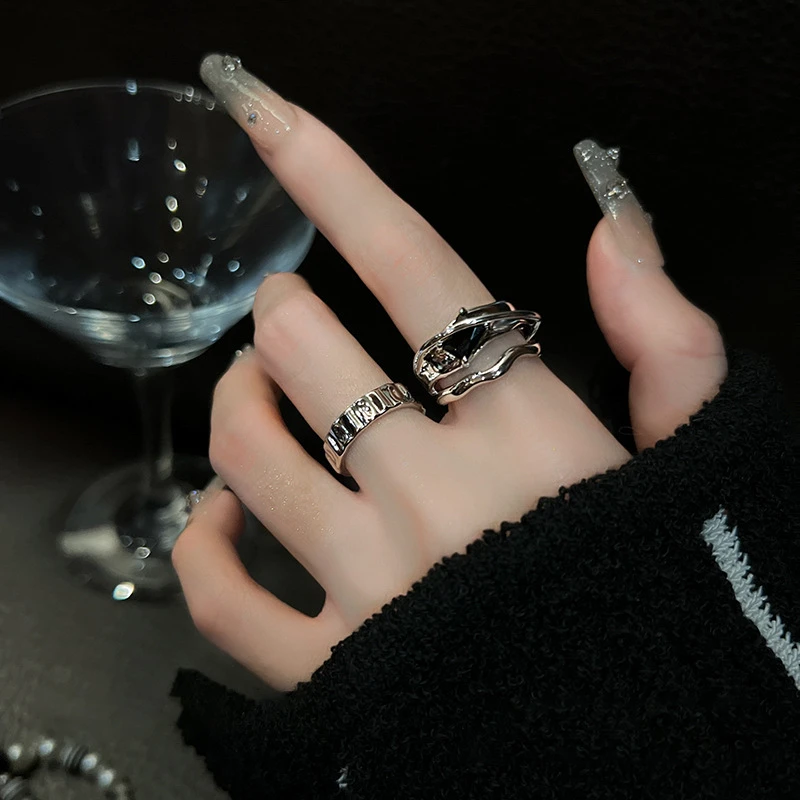 合金戒指 几何冷淡风ins黑水晶戒指小众设计高级感开口戒网红女潮