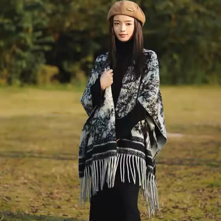 山水画仿羊绒披肩加厚流苏斗篷