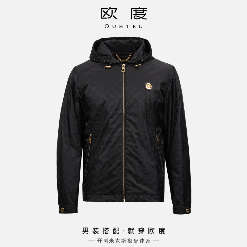 24款秋冬男士品牌徽标休闲连帽百搭夹克外套黑色7765