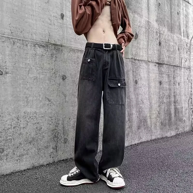 渐变牛仔裤男生秋冬美式复古高街潮牌裤子秋冬宽松直筒阔腿拖地