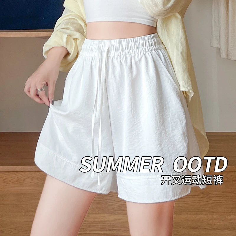 黛纺夏季开叉运动短裤女裤2024新款高腰休闲宽松冰丝阔腿五分中裤