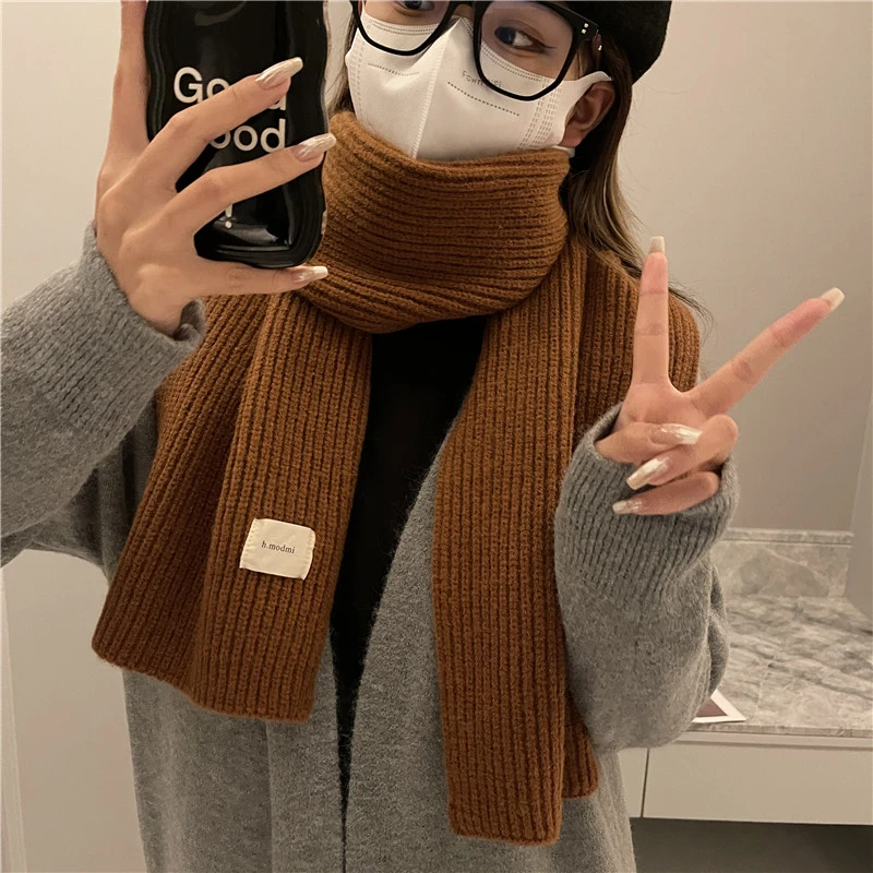 韩版秋冬柔软针织毛线围巾女百搭保暖学生纯色围脖加厚情侣咖啡色