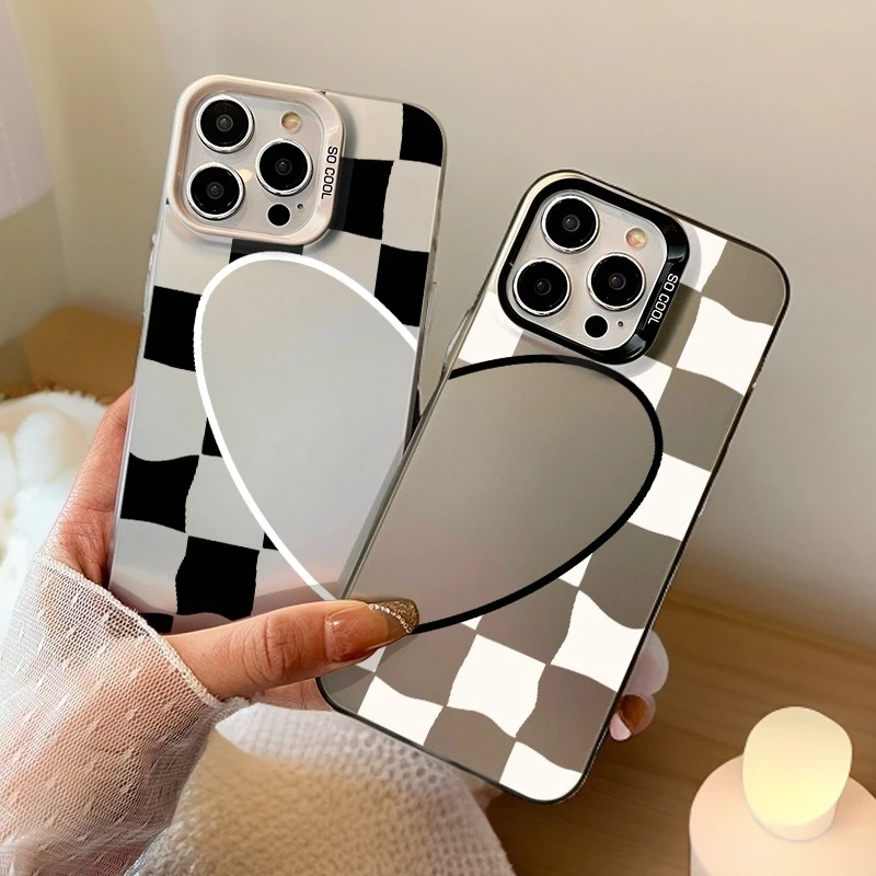 【情侣黑白格子爱心】磨砂彩银适用苹果16手机壳14防摔15promax可爱