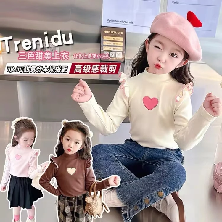 女童加绒卫衣2023秋冬款新款儿童秋冬装女宝宝打底衫小童爱心花边