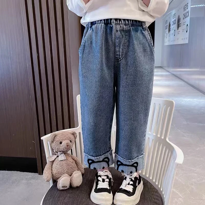 女孩春秋牛仔裤时髦直筒裤2023新款洋气春装女宝宝春季阔腿裤子潮