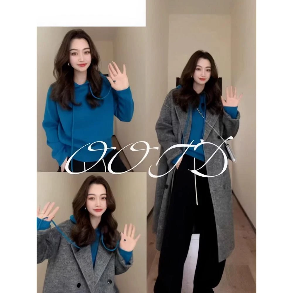 韩版蓝色抽绳连帽毛衣女秋装女装2024洋气百搭显瘦针织衫软糯上衣