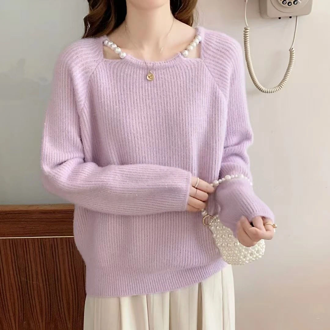今年流行漂亮温柔甜美系穿搭毛衣女秋冬新款软糯亮丝珍珠镂空上衣