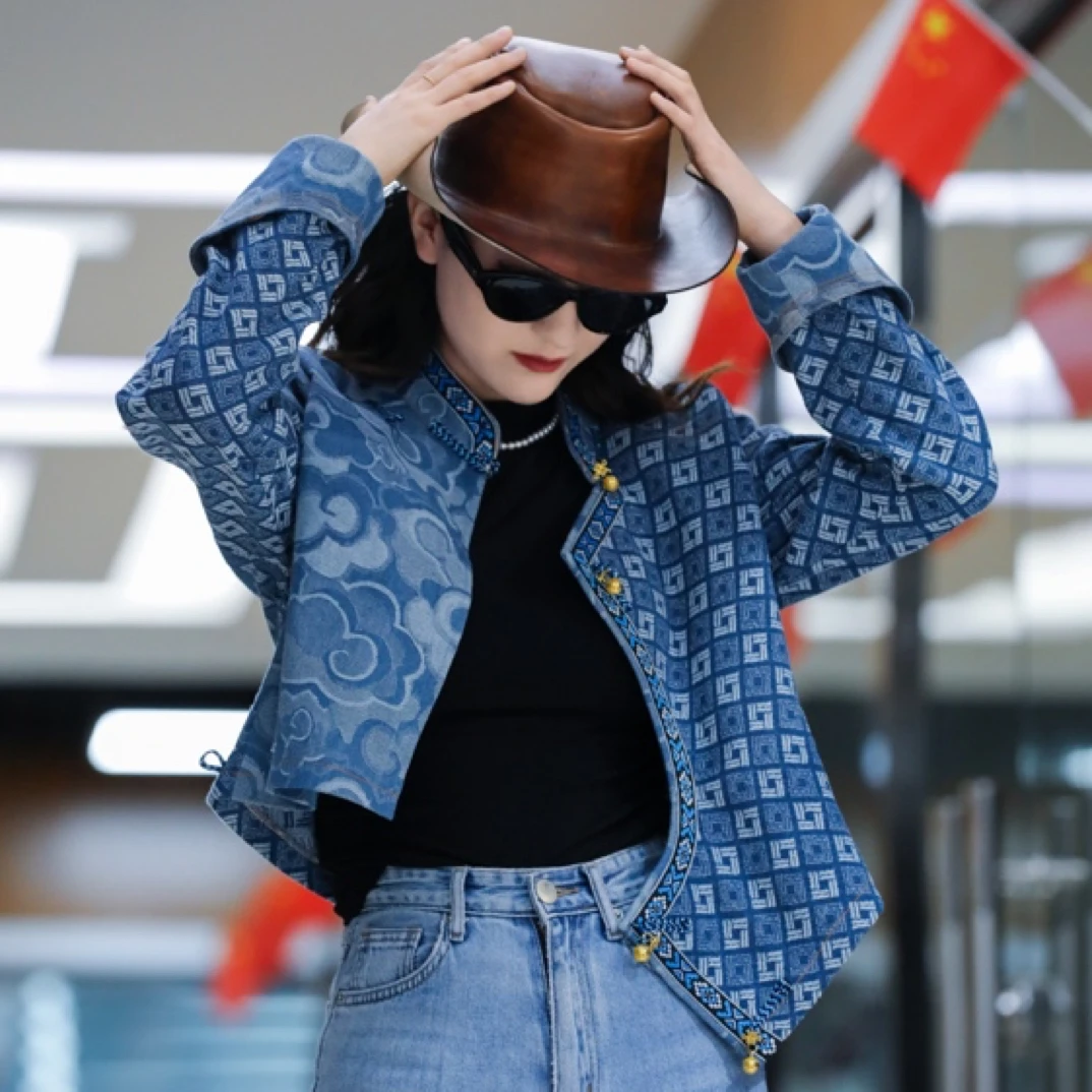 GX民族服饰蒙古族元素短款牛仔外套洋气复古蓝色春秋女款上衣