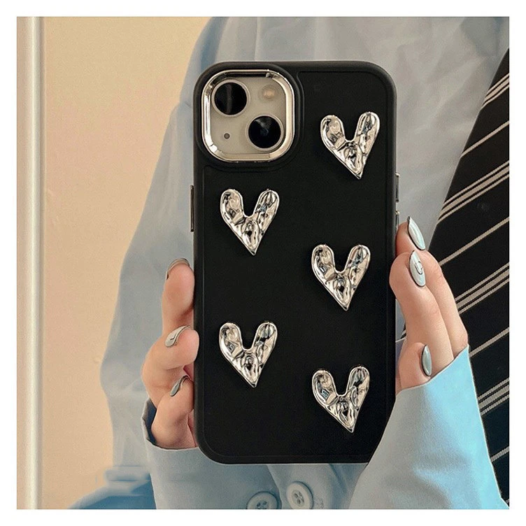 立体褶皱爱心苹果14手机壳13Promax黑色12创意11小众ins高级感xr