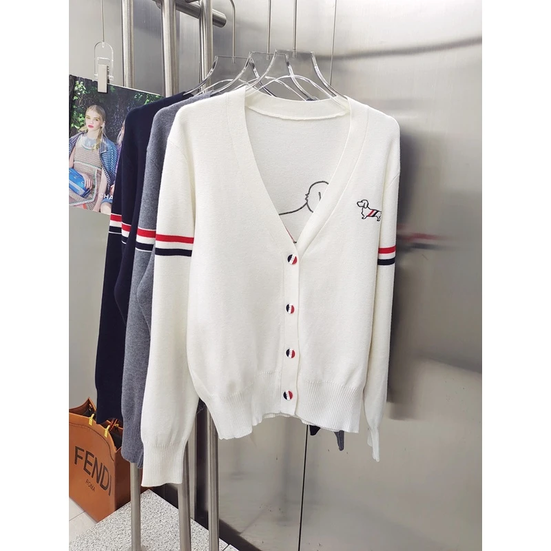2023早秋新款TB小狗刺绣针织开衫外套女V领宽松慵懒三杠撞色上衣