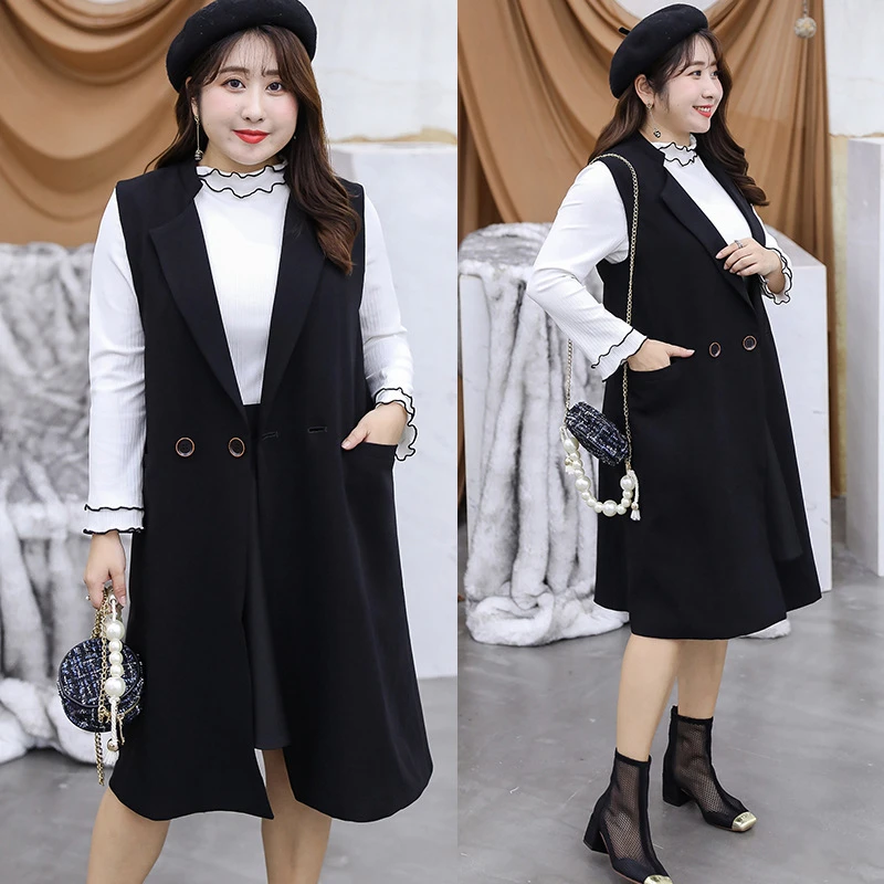 大码胖mm西装领马甲女中长款200斤职业装宽松遮肚显瘦马夹春秋