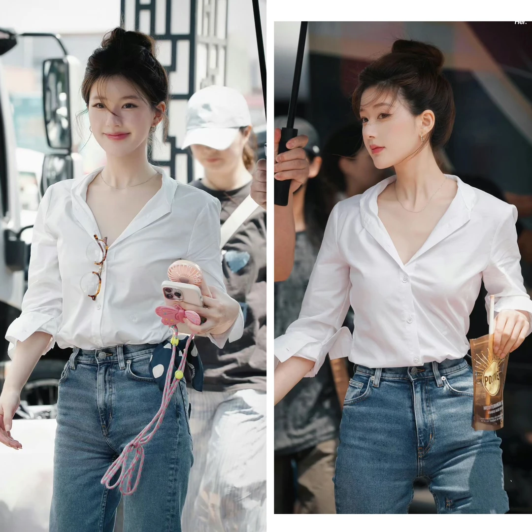 许我耀眼赵露思许妍白色衬衫设计感小众百搭简约气质女士长袖衬衣