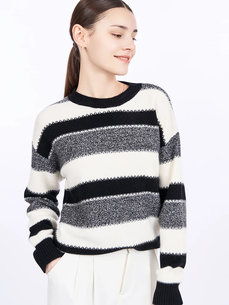 XW112 女士撞色7针双股加厚100%纯山羊绒针织衫外穿套头打底休闲