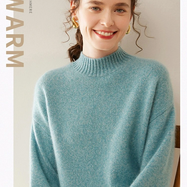 D8109 女士七针三股重磅花纱正肩半高领山羊绒针织衫外穿百搭时尚