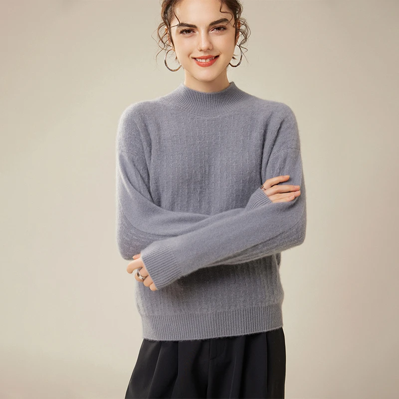 S844 女士7针双股半高领全身竖纹扭花100%山羊绒气质百搭外穿打底