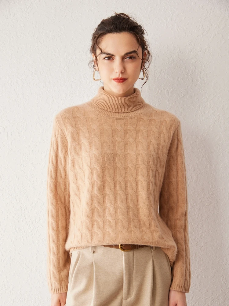 RY7117 女士七针双股加厚扭花高翻领100%纯山羊绒外穿套里百搭