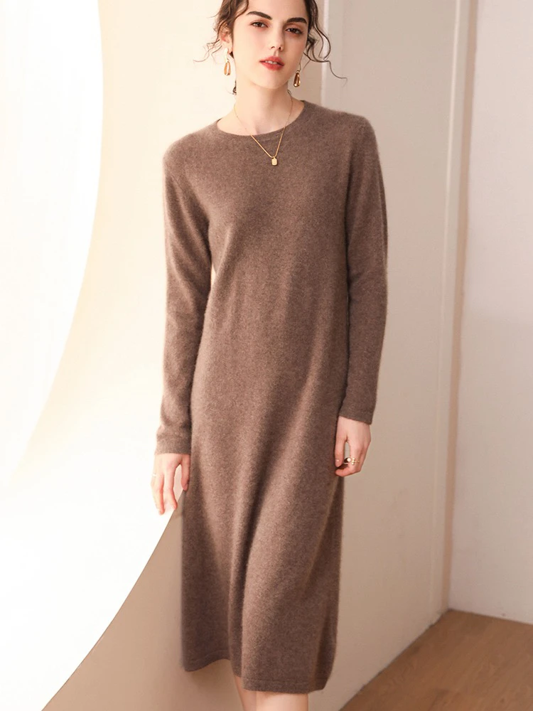 100%纯山羊绒秋冬圆领针织连衣裙女纯色宽松内搭过膝打底毛衣长裙