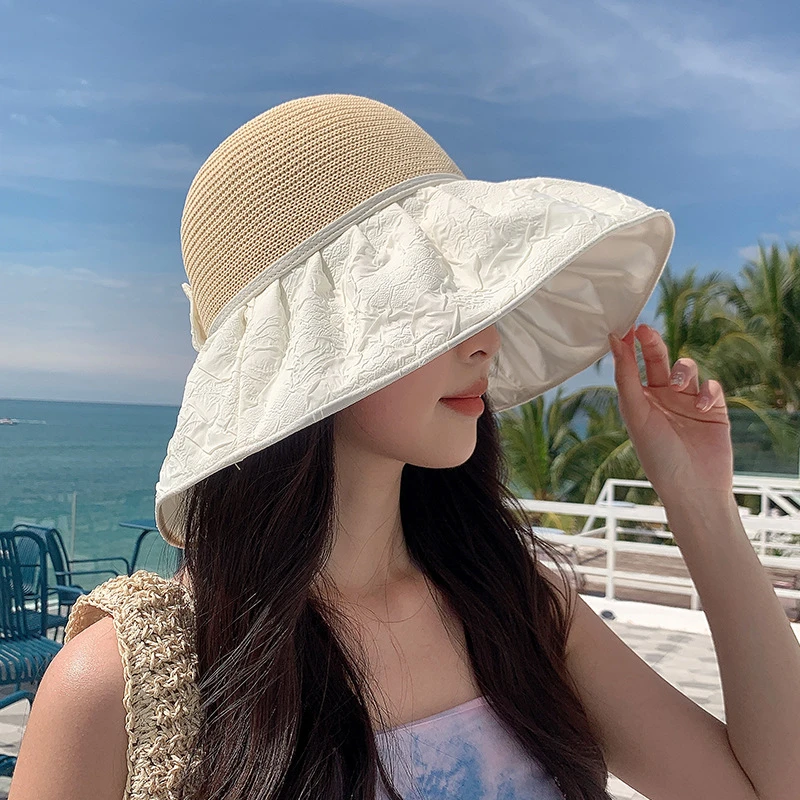 新款夏季女士大沿防紫外线遮阳渔夫帽户外防晒针织头蝴蝶结盆帽子