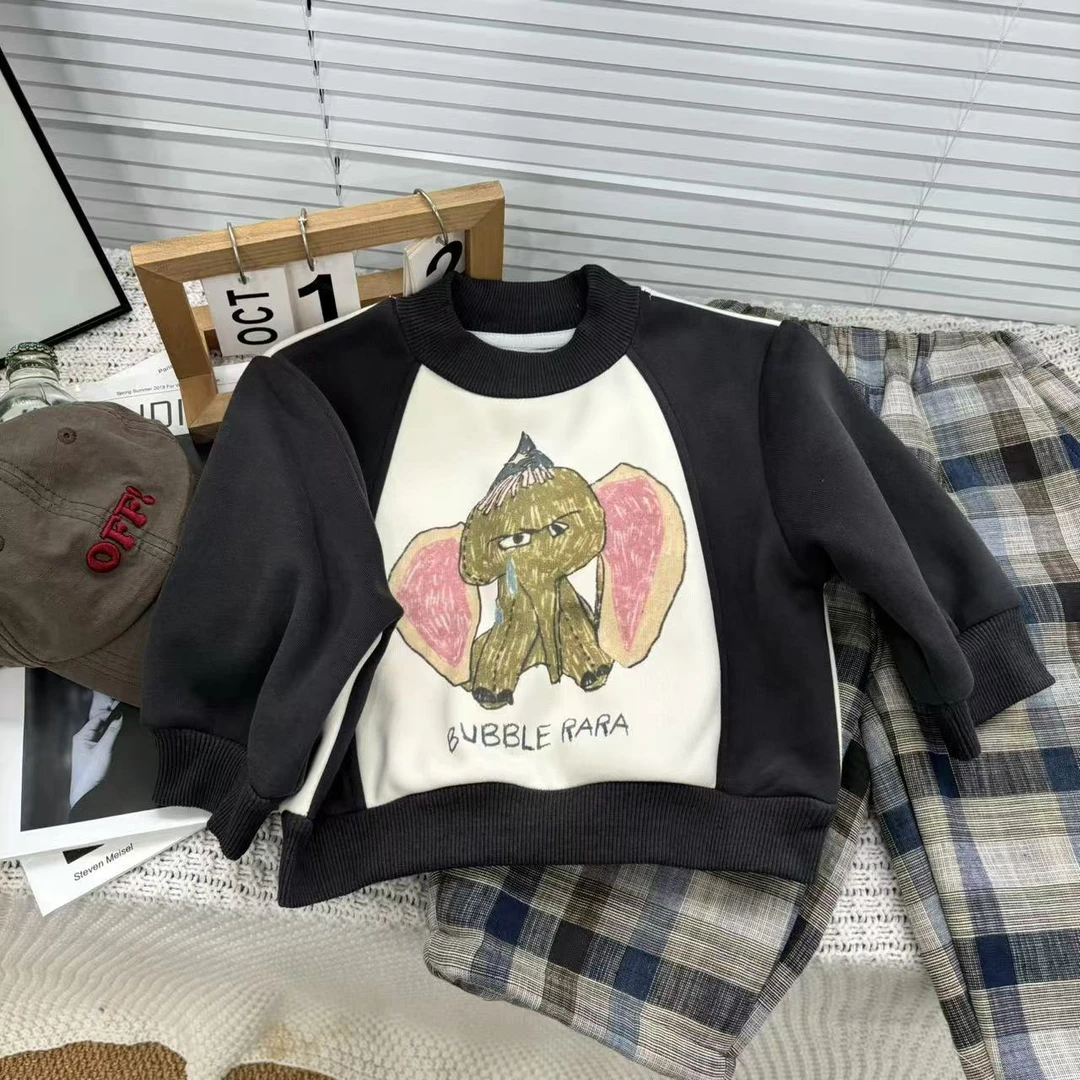 儿童男小童韩系秋冬新款可爱卡通圆领卫衣男女宝宝拼接休闲款上衣