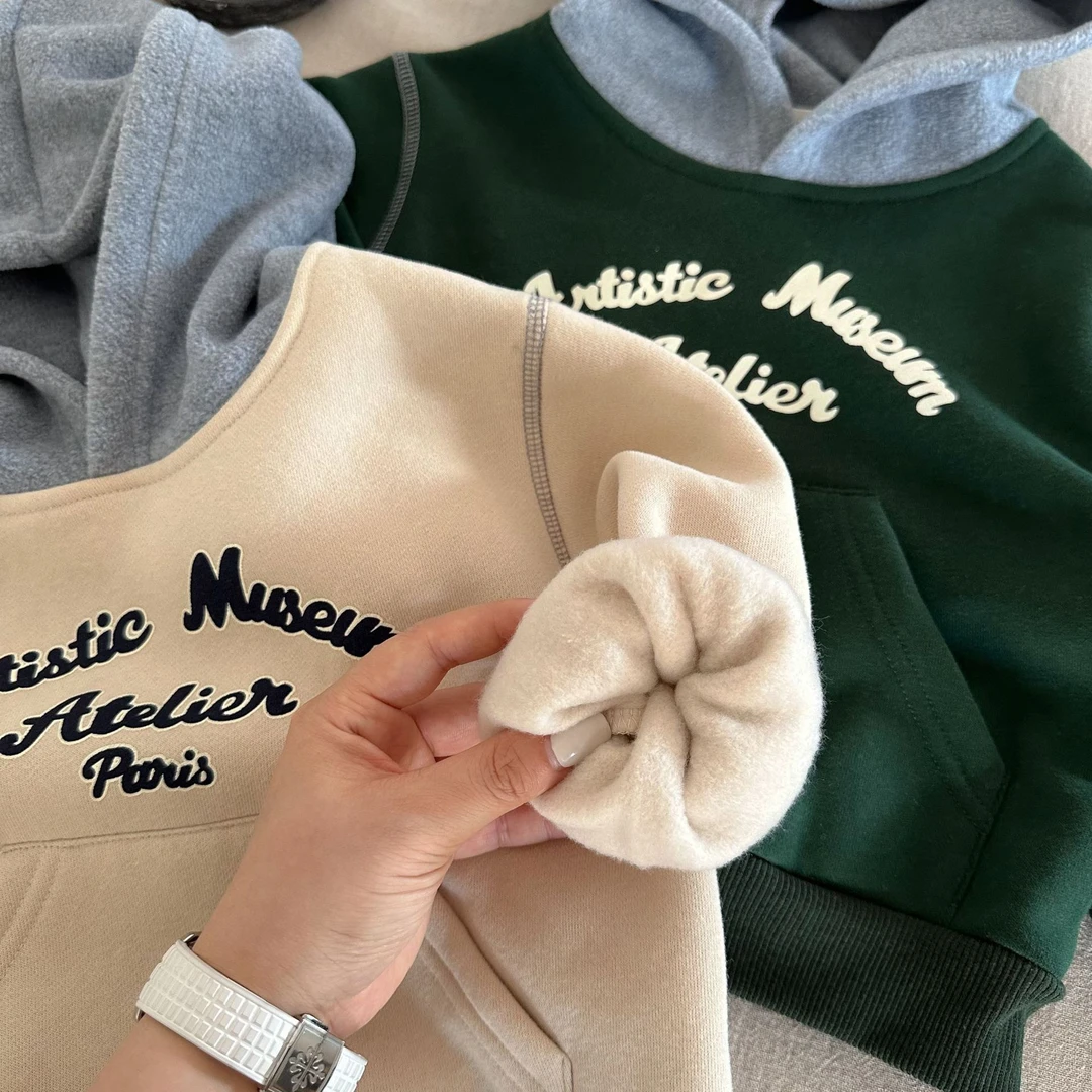 儿童卫衣2024秋季新品男女童连帽卫衣宝宝撞色字母绒衫潮流