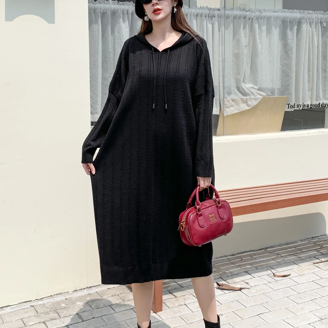 016秋冬新款连帽显瘦时尚气质宽松大码百搭针织连衣裙