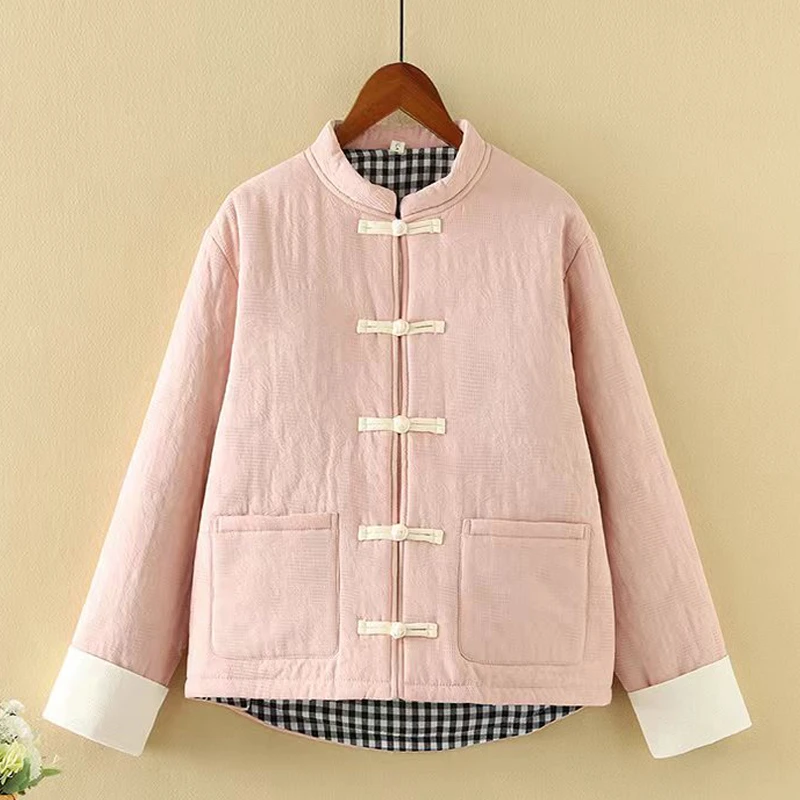 冬装新款中式复古文艺加棉短款外套国风盘扣立领棉衣女10-23-01