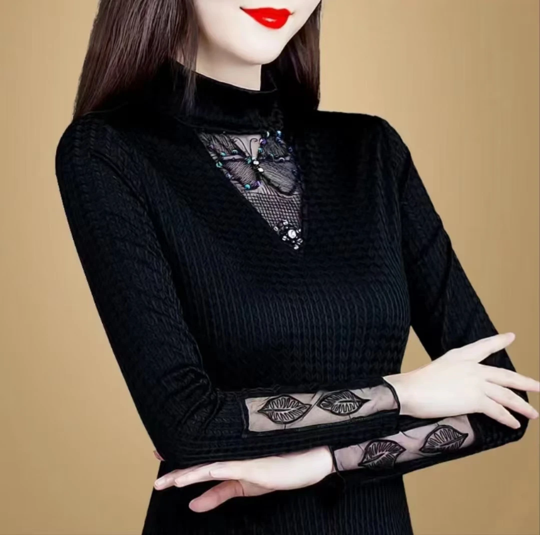 冬季新款加绒加厚时尚百搭显瘦半高领袖口镂空打底衫小衫气质洋气