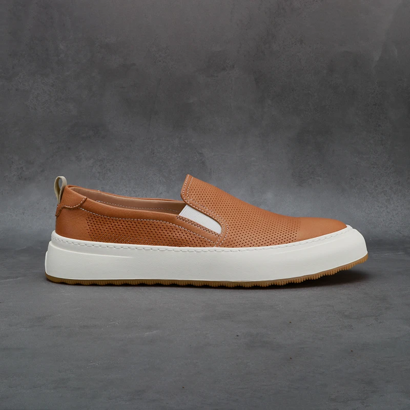 夏季男士透气低帮真皮休闲板鞋冲孔透气舒适软底百搭乐福鞋懒人鞋