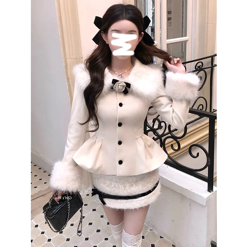 富家千金冬季毛呢套装气质收腰加棉外套+高腰半身短裙小香名媛风