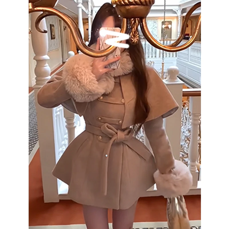 财阀千金风冬季加棉毛呢大衣系带收腰显瘦秋冬外套可拆卸斗篷披风