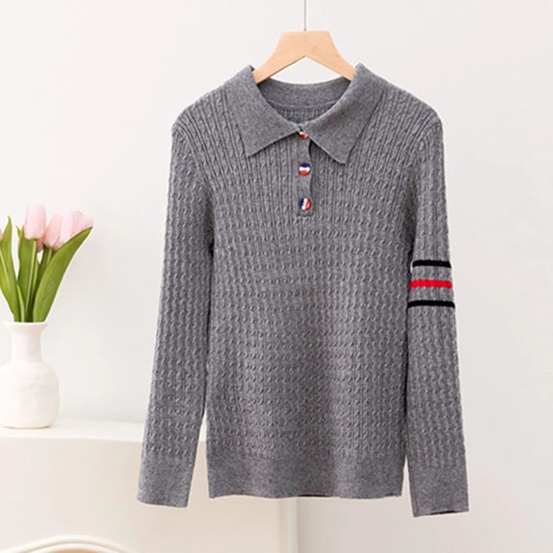 秋季新款学院风Polo翻领针织衫女装长袖上衣撞色彩扣毛衣上衣女潮