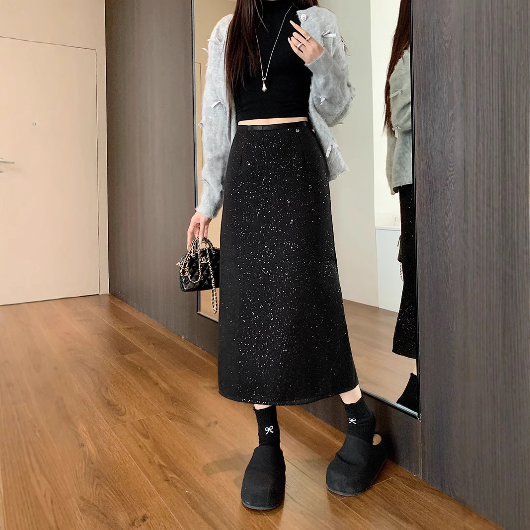 小香风闪闪重工亮片半身裙女秋冬新款高腰A字包臀裙后开叉半身裙