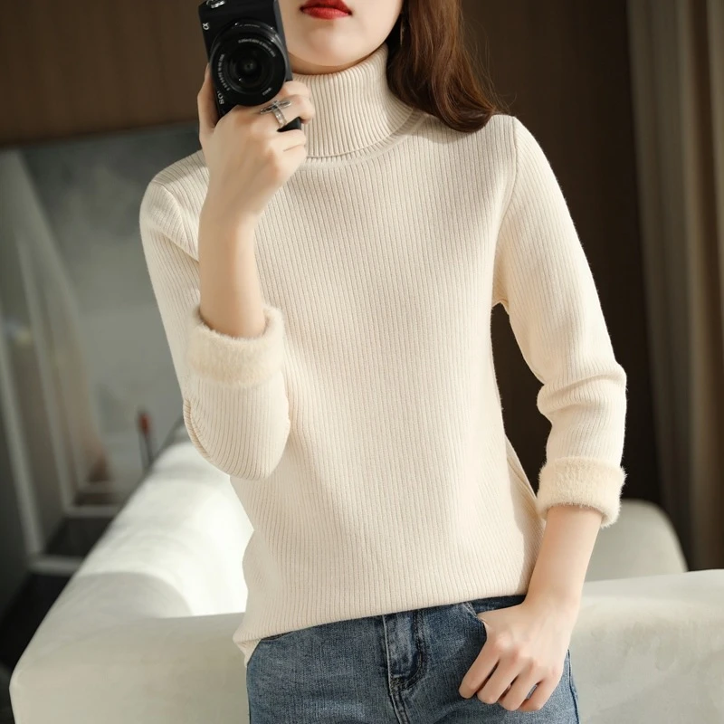 新款秋冬纯色一体绒高翻领针织衫女宽松内搭打底加绒保暖百搭毛衣