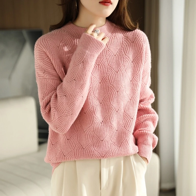 秋冬新款半高领镂空毛衣时尚女韩版宽松加厚内搭打底针织衫女潮