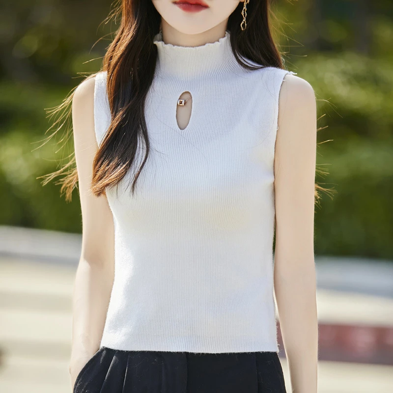 春秋新款半高领针织吊带背心女内搭外穿镂空毛衣无袖洋气气质上衣
