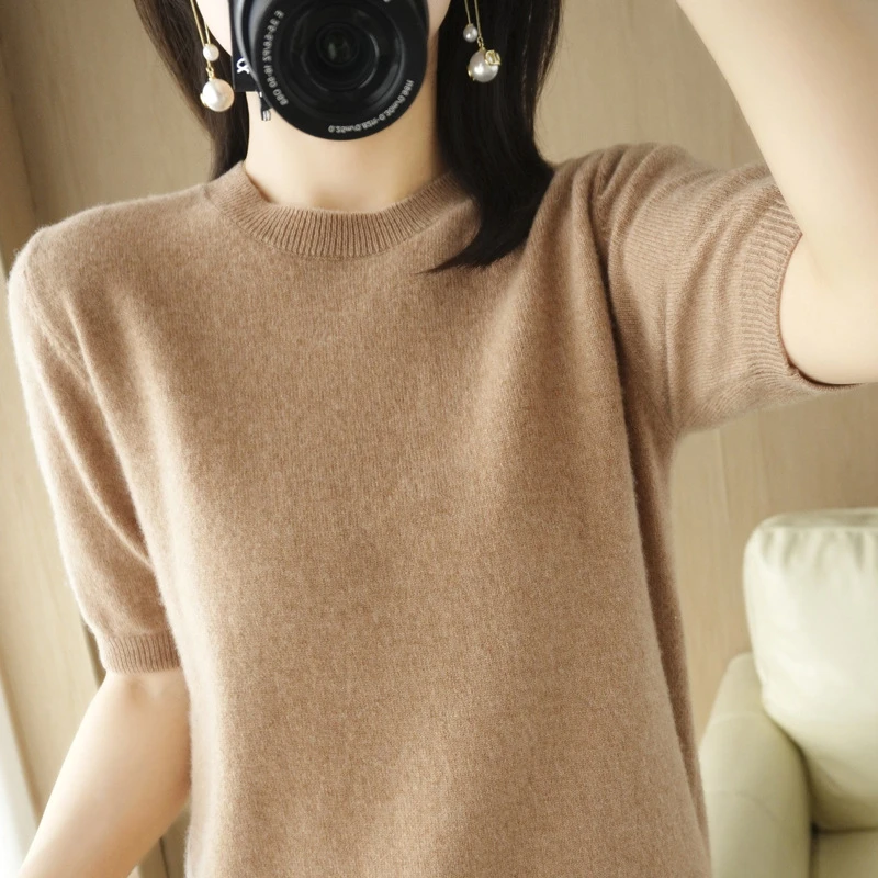 新款2024夏季风气质套头洋气圆领修身型毛衣女式针织衫打底衫女潮
