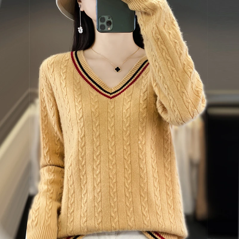 2024秋冬新款V领拼色长袖针织衫女士韩版套头上衣长袖宽松打底