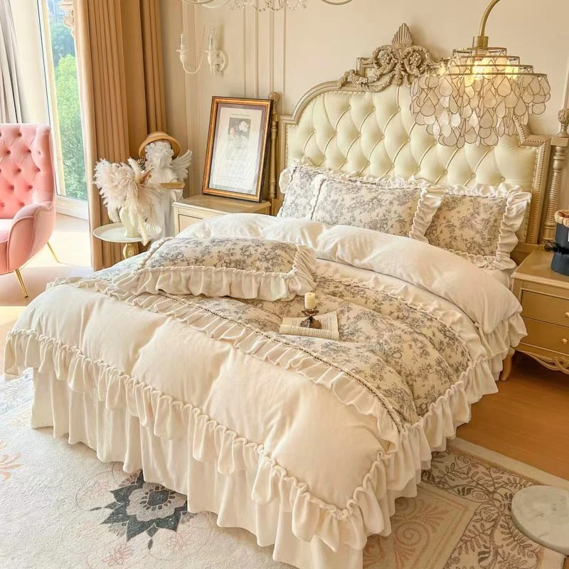 法式韩版花边欧式公主风高克重高端全消光加厚冬季牛奶绒四件套