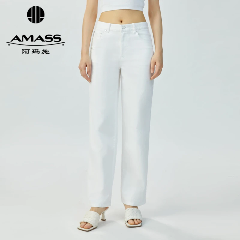 AMASS/阿玛施 微胖女生裤子百搭时尚显瘦气质白色直筒裤5100470