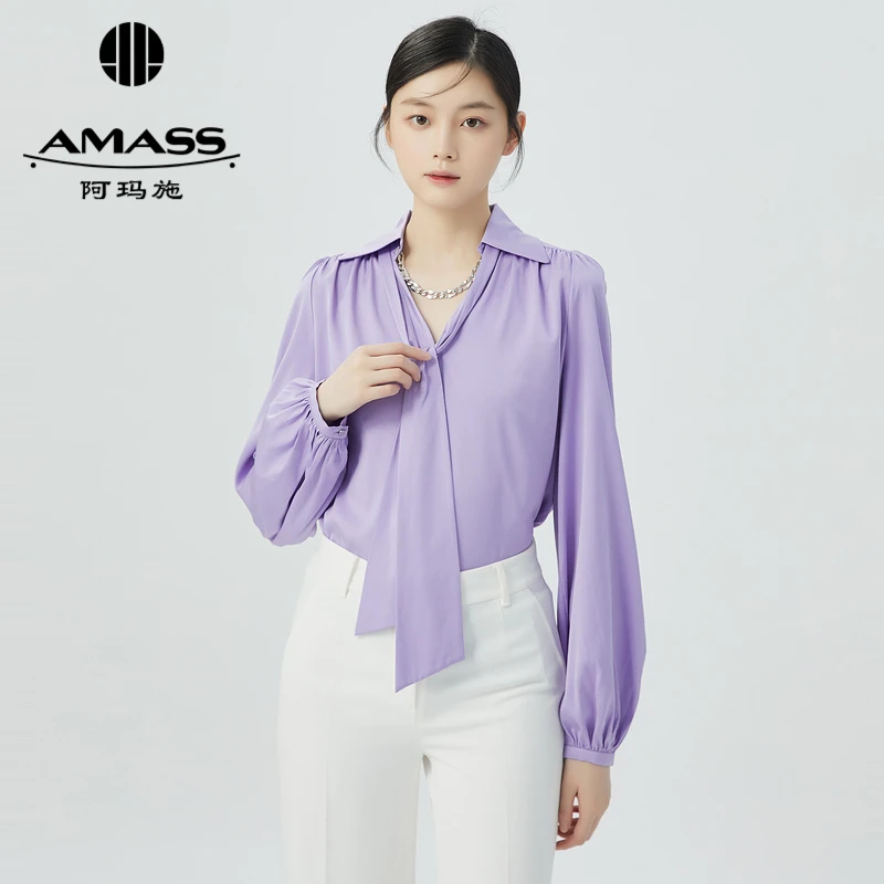 AMASS/阿玛施 新款V领时尚链条设计飘带气质百搭长袖衬衫 5300968