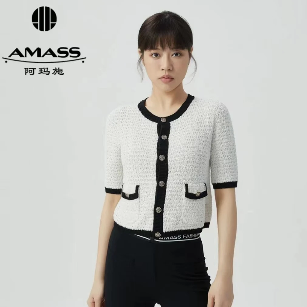 AMASS/阿玛施优雅气质百搭中袖小香风短款针织开衫女5499206显瘦