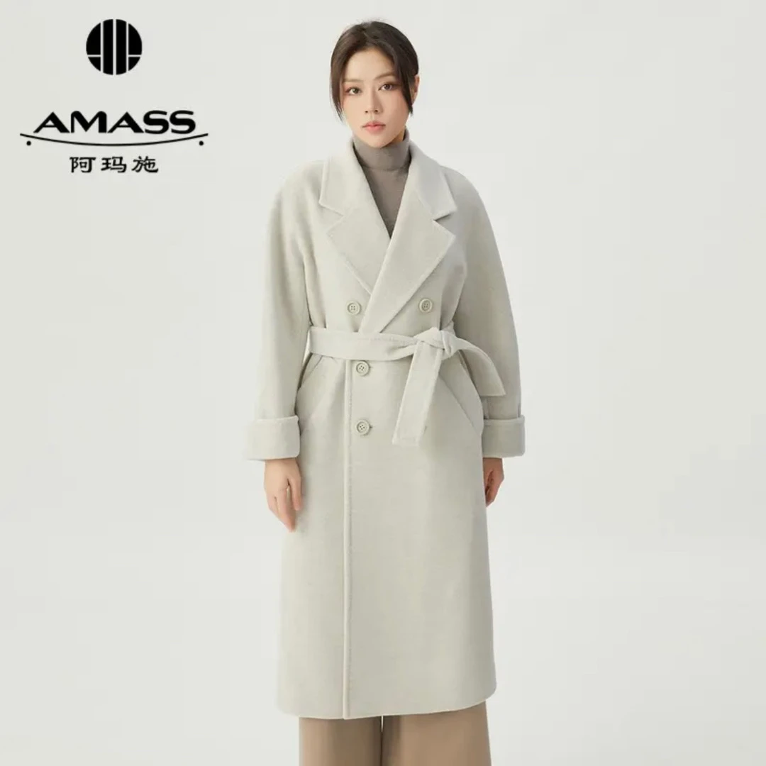 AMASS/阿玛施秋冬新款羊毛双排扣廓形质感毛料中长款大衣5400861