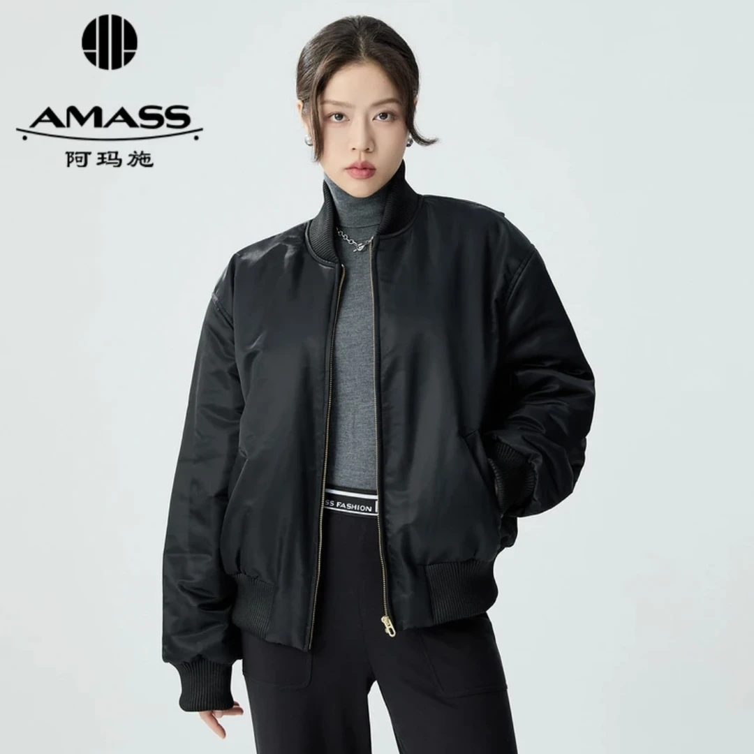 AMASS/阿玛施 秋冬新款简约百搭拉链束口机车棉服外套女5400824