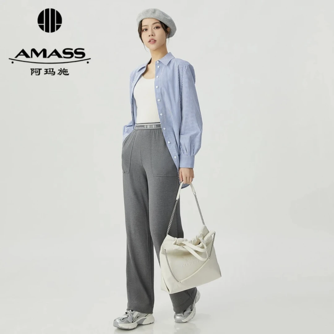 AMASS/阿玛施新款羽毛灰字母腰头时尚秋冬宽腿保暖裤女5100686